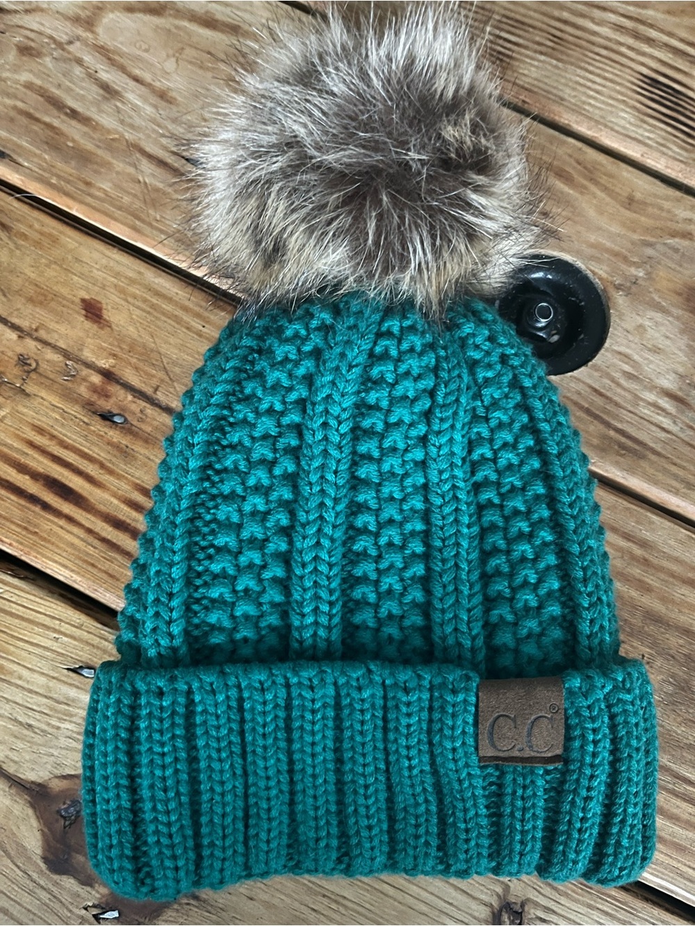 C.C.  Teal Knit Pom-Pom Beanie